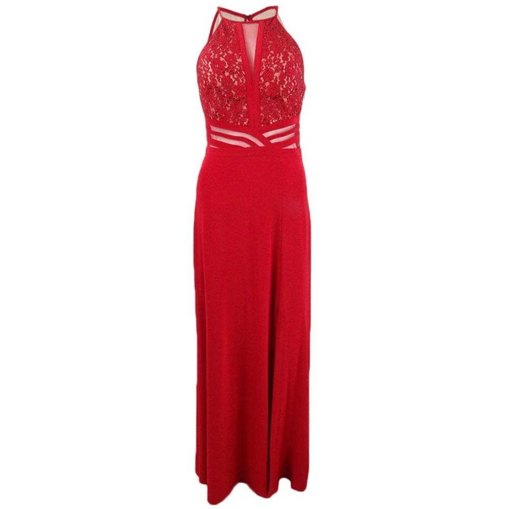 Morgan & Company Juniors' Sequined Lace Halter Gown - Red/Nude